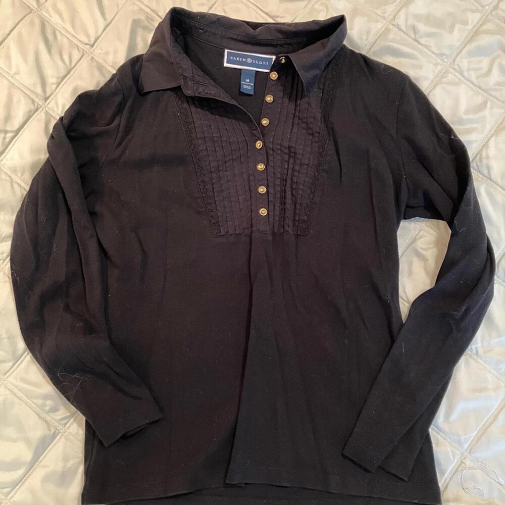 KAREN SCOTT 100% Cotton Blouse Collar Pleated Work Office Long Sleeve